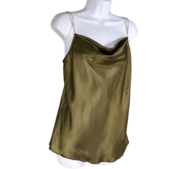 Nicole Miller NWT Women S Olive Green Satin Cowl Neck Camisole Rhinestone Straps - Picture 1 of 16